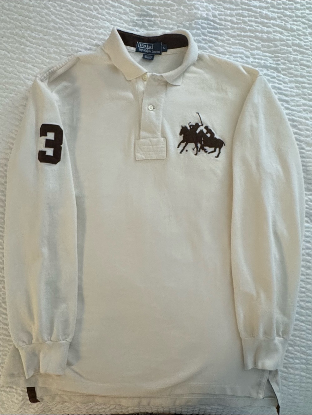 Polo by Ralph Lauren Cream Long-Sleeve Polo with Brown Logo & Sleeve Number